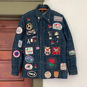 Vintage 1970s Patched Denim Jacket Tourist Souvenir Motorcycle Buttons OOAK