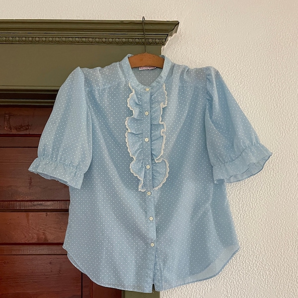 Vintage 1970s Swiss Dot Blouse Puff Shoulder Powder Blue Flounce Frill Button Up