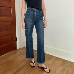 Vintage 1970s Flare Leg Jeans Raw Hem Dark Rinse Great Fade