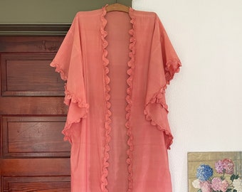 Vintage 1930s Hand Scalloped Silk Dressing Gown Robe Duster Coral Pink Boudoir