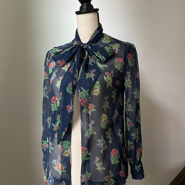 Vintage 1970s Floral Chiffon Blouse Neck Tie Long Sleeve Sheer