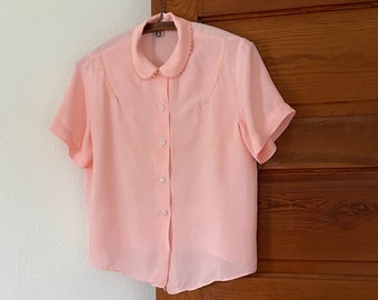 Vintage 1940s Pink Rayon Blouse Sawtooth Trim Detail