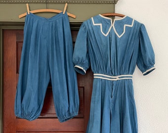 Vintage 1900s Blue Swimsuit Victorian Set Romper Dress Bloomers Collectors Rare