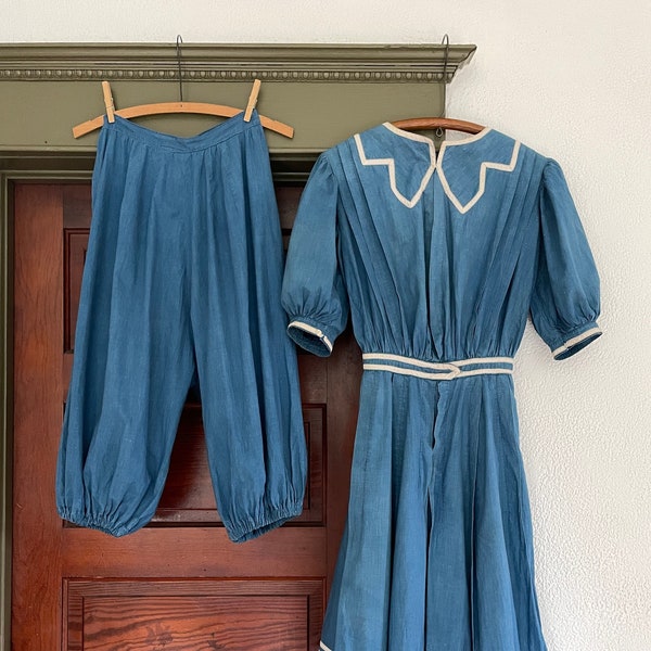 Vintage 1900s Blue Swimsuit Victorian Set Romper Dress Bloomers Collectors Rare