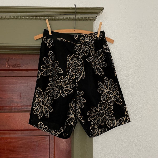 Vintage 1950s Black Floral Shorts Crown Side Zipper High Rise Hand Made Women's Unique Find