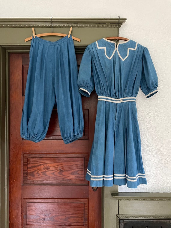 Vintage 1900s Blue Swimsuit Victorian Set Romper … - image 1