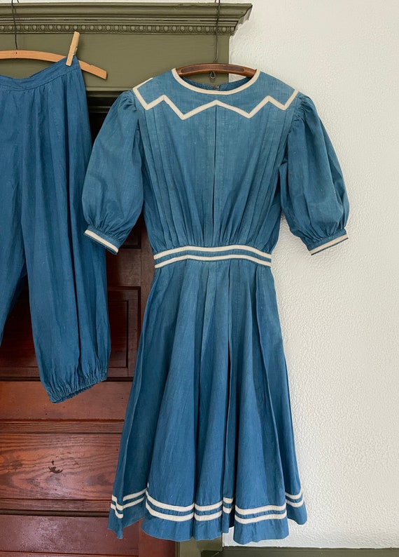 Vintage 1900s Blue Swimsuit Victorian Set Romper … - image 6