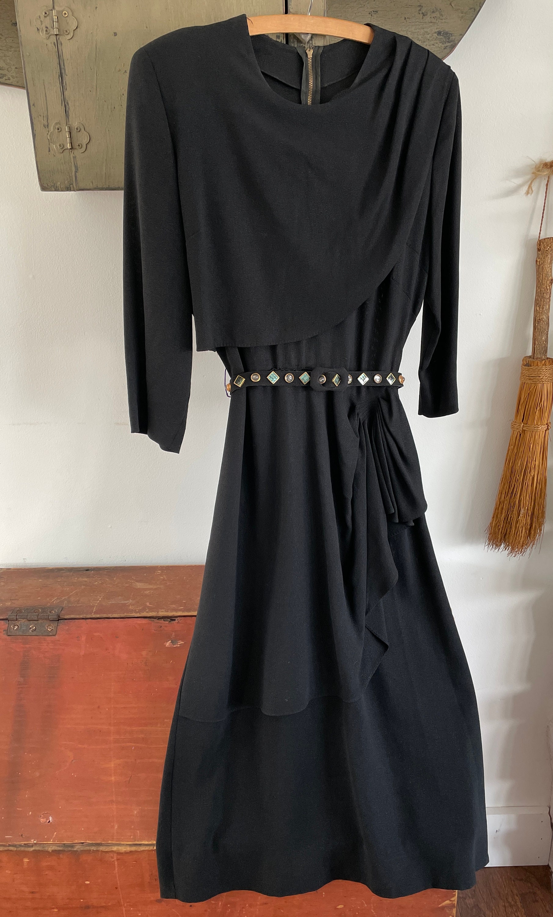 1940s dress with jeweled belt black crepe gathered waist | Etsy