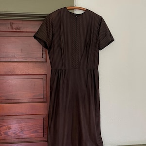 Vintage 1950s Pinstripe Dress Brown Black Back Zipper Toni Todd