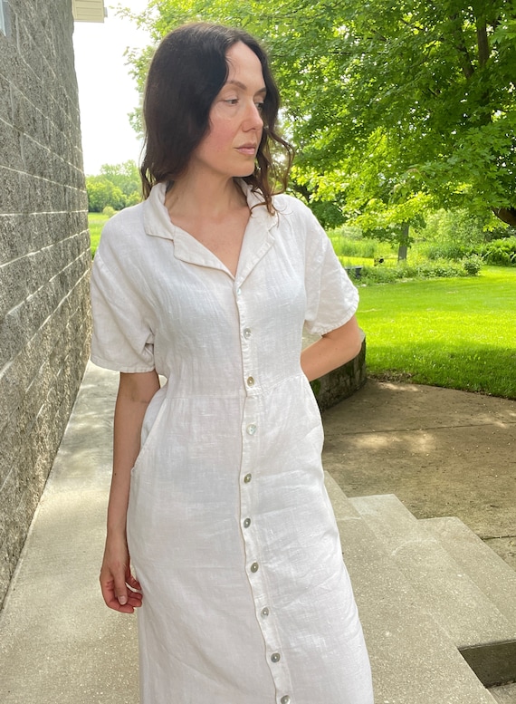 Vintage 1980s 1990s Long Linen Dress With Side But