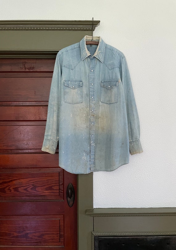 Vintage 1970s Blue Pearl Snap Button Shirt Soft Fa