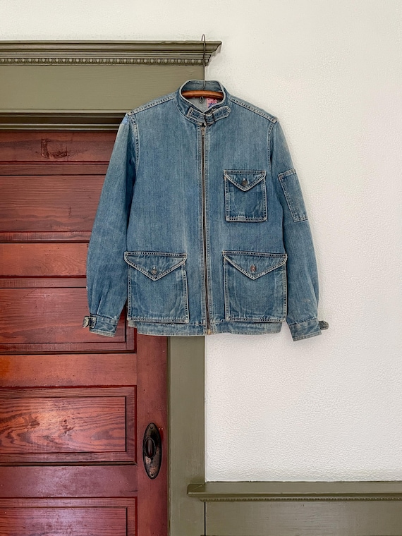 Vintage 1970s Denim Moto Jacket Zipper Buckles Faded Glory