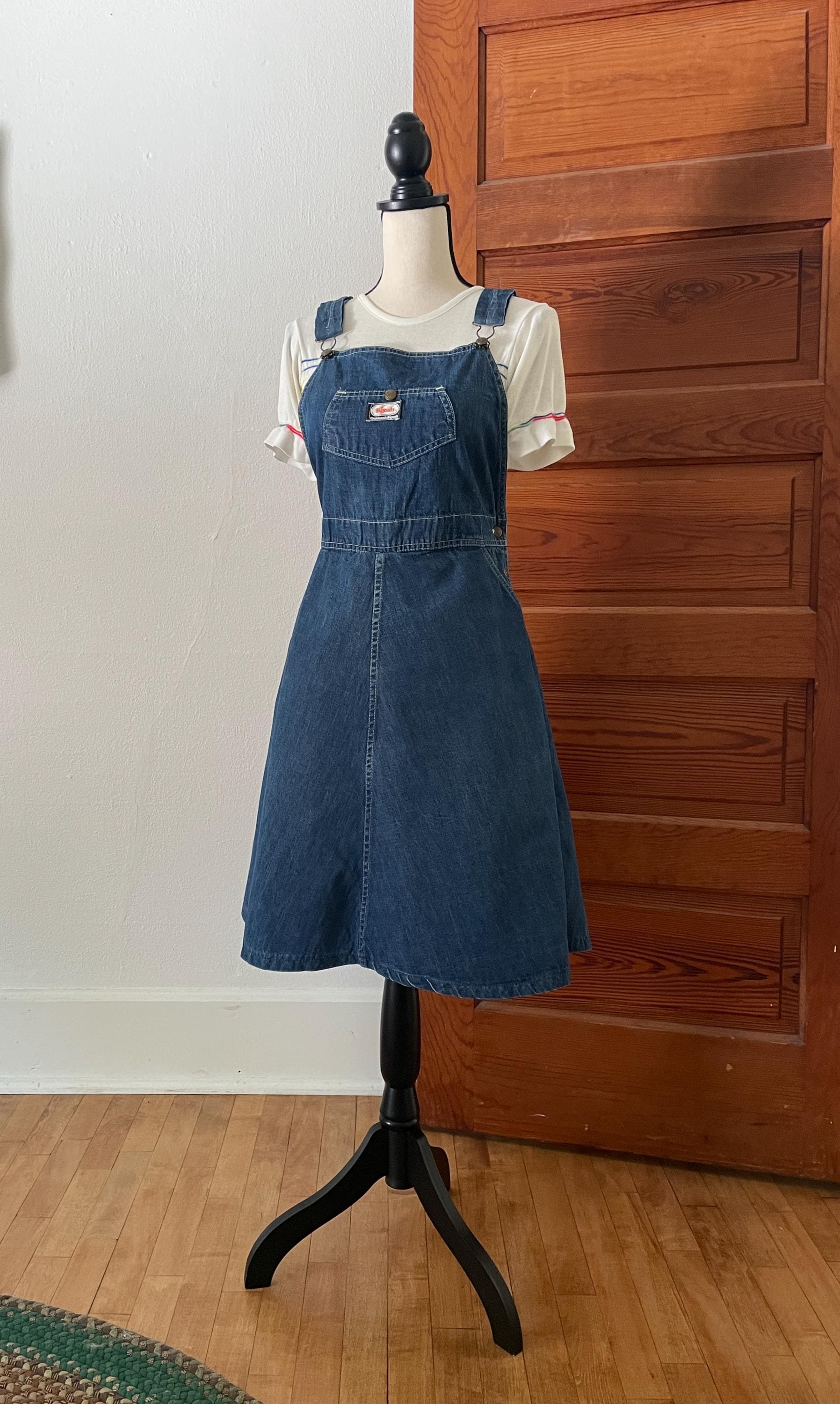 60s denim dress Vintage Denim Pinafore Dress XL 70s, Gold Embroidery 60s Midi Rodeo Country Shift Mod