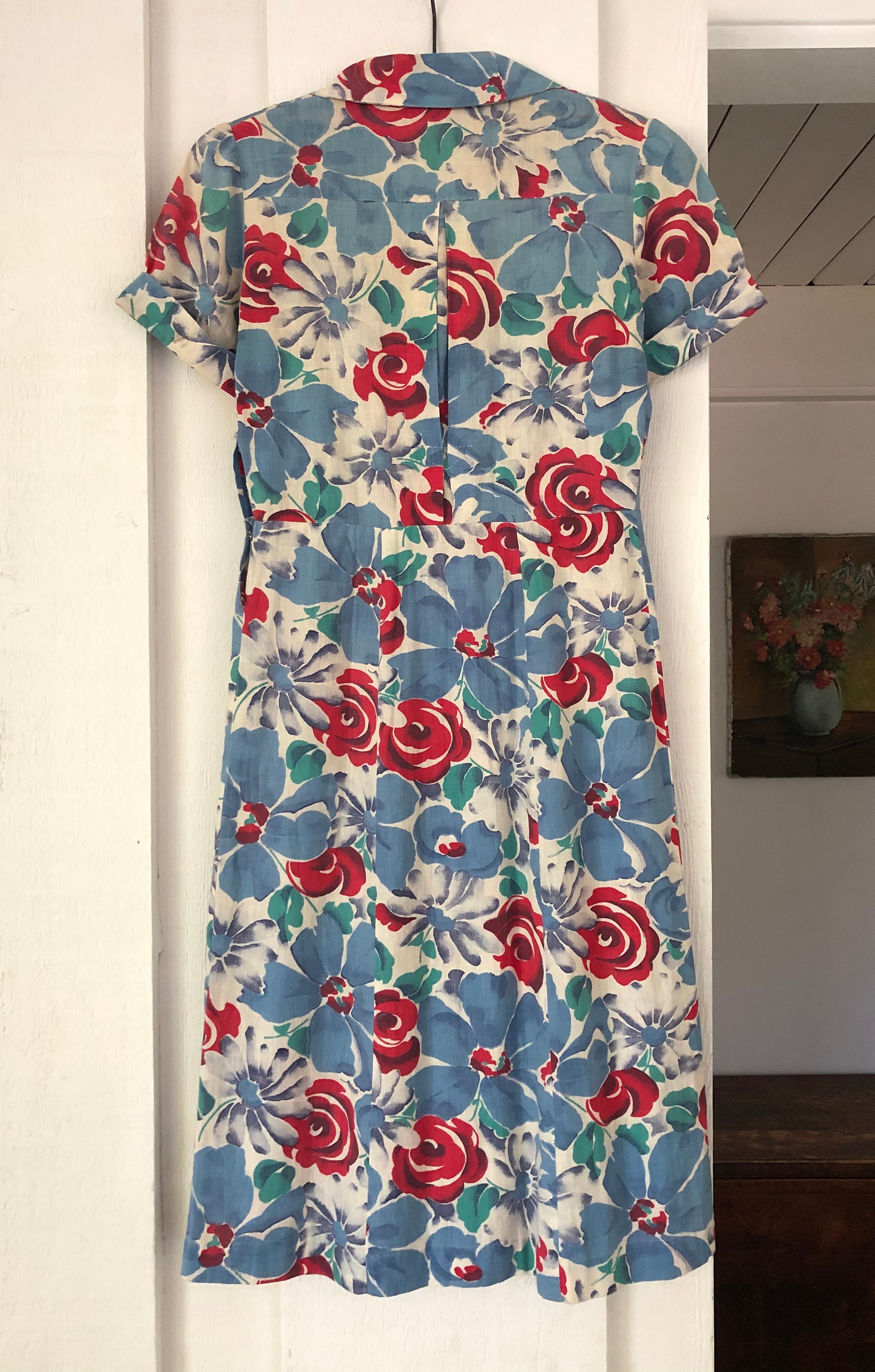 Vintage 1940s floral dress rose and periwinkle blue woven | Etsy