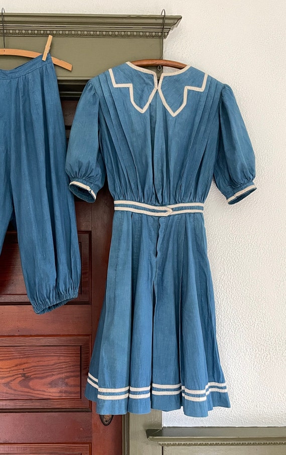 Vintage 1900s Blue Swimsuit Victorian Set Romper … - image 2