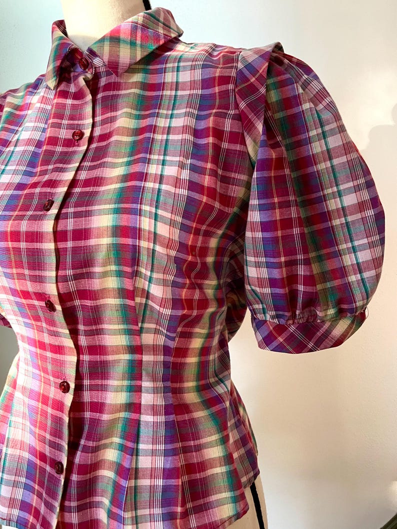 Vintage Plaid Pocket Long Sleeve Collared Blouse