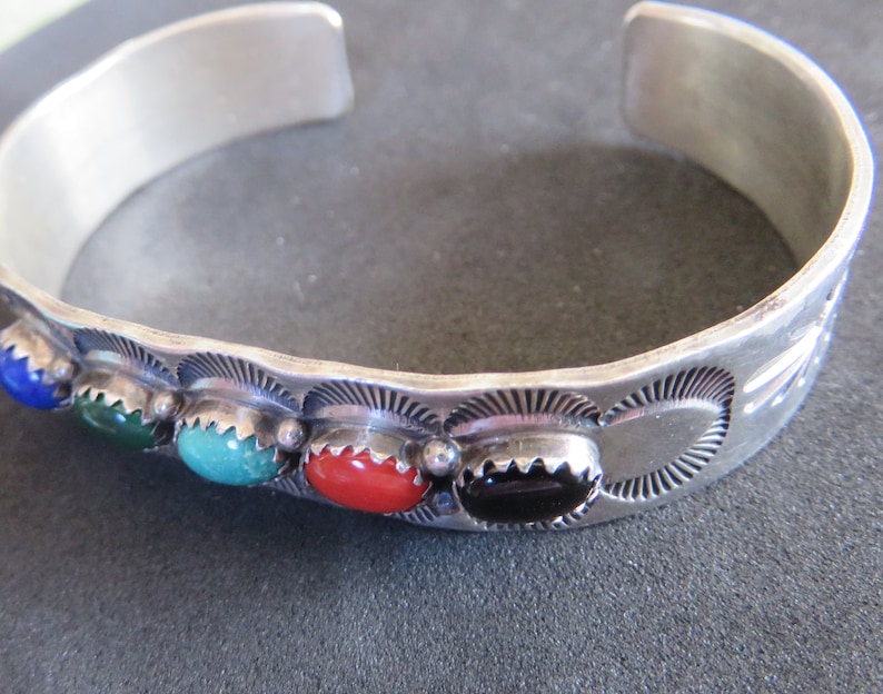 Native American E Yazzie Mult-colored Stone Sterling Silver Bracelet