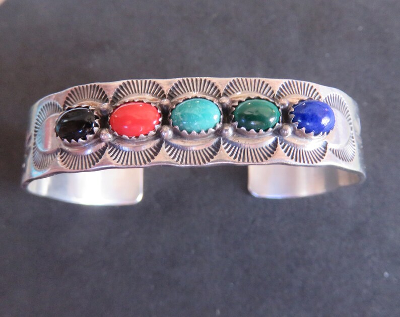 Native American E Yazzie Mult-colored Stone Sterling Silver Bracelet