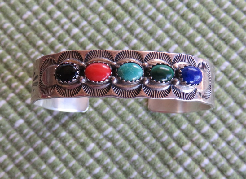 Native American E Yazzie Mult-colored Stone Sterling Silver Bracelet