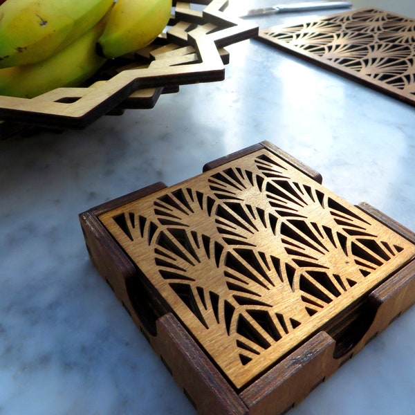 Set of 4 Wooden Art Deco Coasters With Presentation Box - Can be personalised.