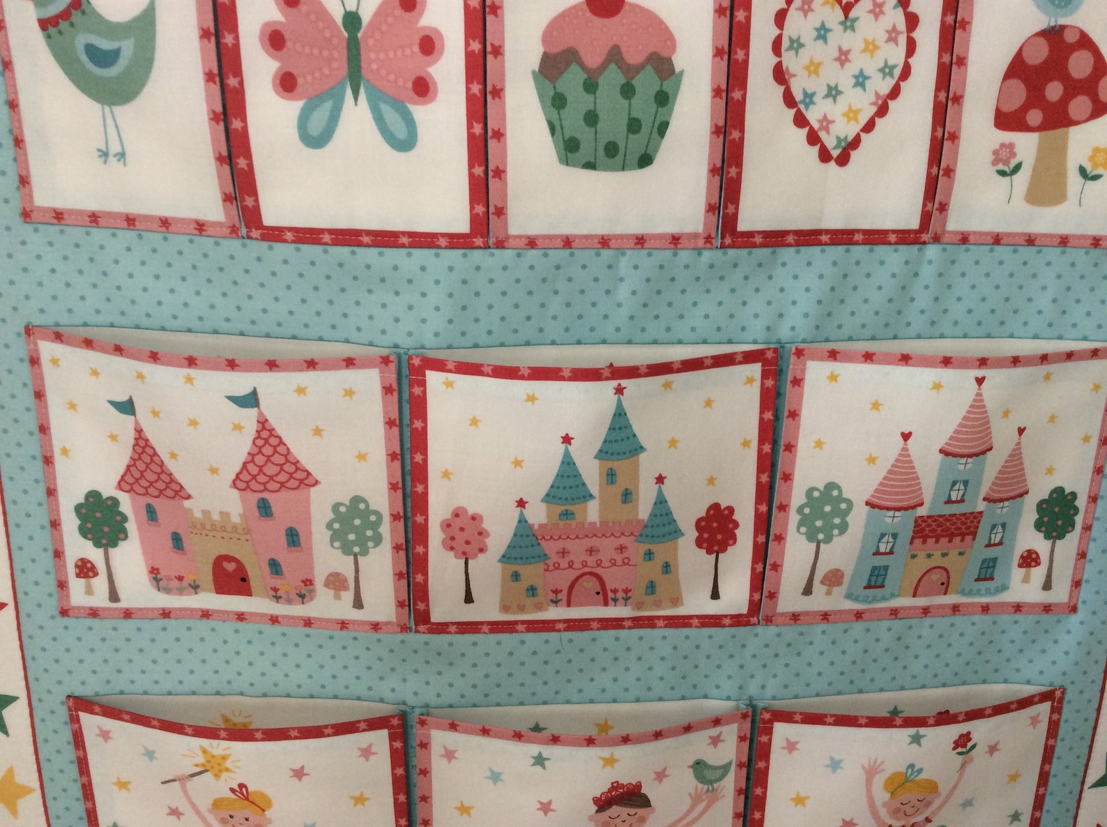 girls/childrens fabric wall hanging/storage , 11 pocket panel, princess design backed with ballet shoe design fabric, 100% cotto