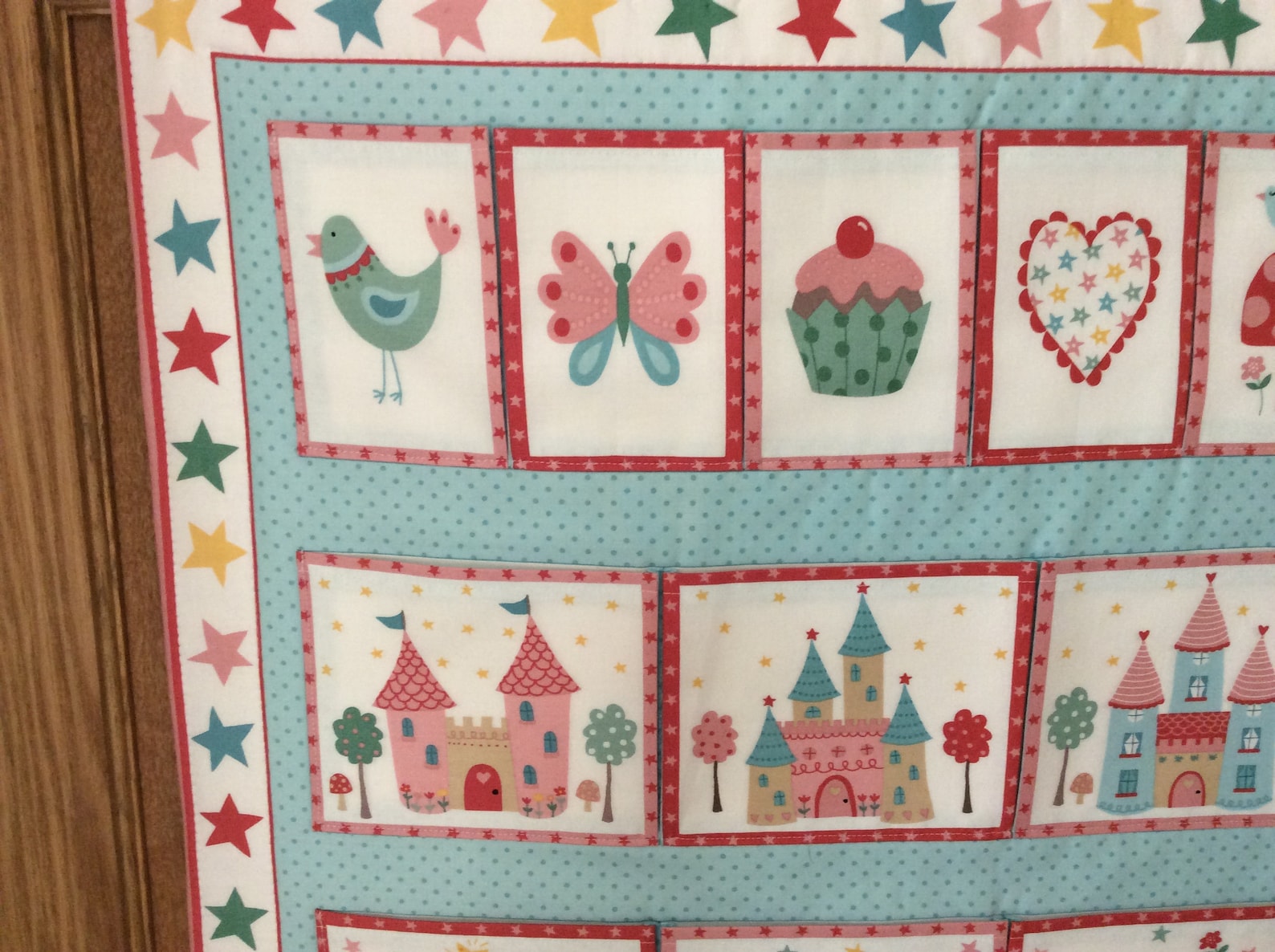 girls/childrens fabric wall hanging/storage , 11 pocket panel, princess design backed with ballet shoe design fabric, 100% cotto