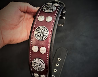 Burgundy Leather Dog Collar, Soft Padded, Large Breed, Handmade