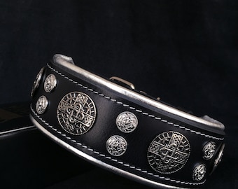 May include: Black leather dog collar with silver-toned metal embellishments. The collar features decorative circular studs and larger medallions with intricate designs. The edges are trimmed with silver and white stitching.