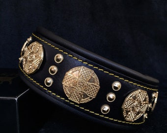 Bestia™ &quot;Maximus&quot; genuine leather dog collar for big dogs. 2.5 inch wide. soft padded. Brass rivets & studs Rottweiler. Hand made in Europe!