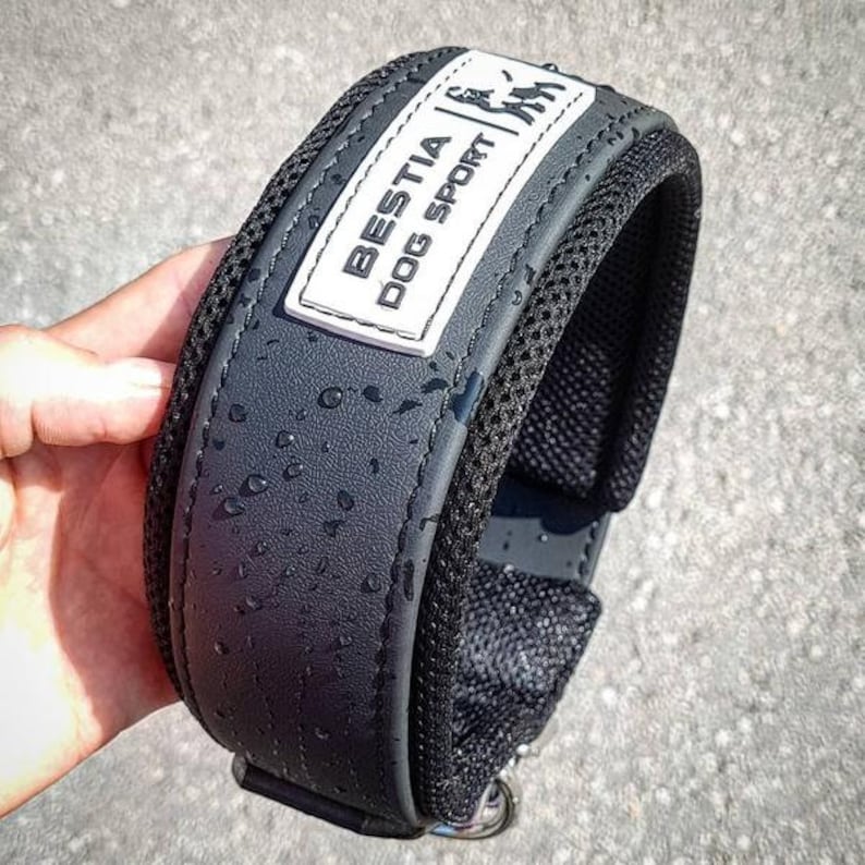 Puede incluir: Collar de perro negro con una etiqueta blanca que dice "BESTIA DOG SPORT". El collar tiene una superficie texturizada y un forro de malla.