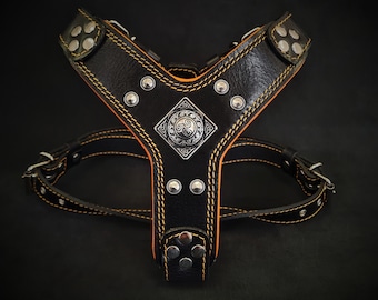 Bestia™ genuine leather &quot;Eros&quot; harness Small to Medium sized dogs. Soft padded with leather on the chest plate. Unique design and quality!