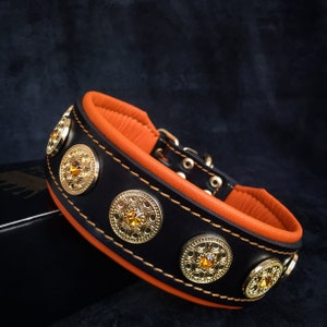 Bestia™ &quot;bijou&quot; genuine leather dog collar. Rhinestone rivet design. Soft padded on the inside. 2 inch wide. sizes M -XL. Hand made quality!