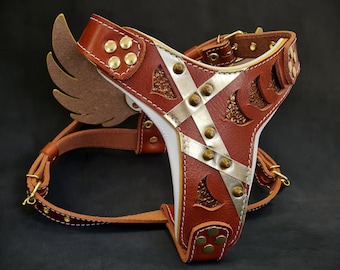 Bestia™ genuine leather &quot;Hermes&quot; dog harness. Soft padded chest plate. Unique design and quality! Small to Medium Size