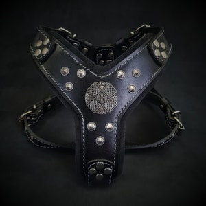 Bestia™ genuine leather &quot;Maximus Silver&quot; harness. Small to Medium sized dogs. Old silver rivet design. Soft padded with leather & foam.