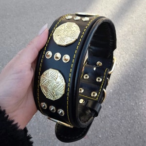 Bestia™ &quot;Maximus&quot; genuine leather dog collar for large dog breeds. 2.5 inch wide. soft padded. Brass rivets. Hand made in Europe!