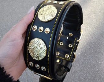 Bestia™ &quot;Maximus&quot; genuine leather dog collar for large dog breeds. 2.5 inch wide. soft padded. Brass rivets. Hand made in Europe!