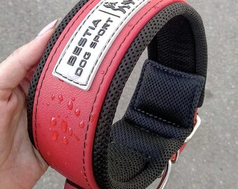 May include: Red dog collar with black mesh and a white label that says "BESTIA DOG SPORT".