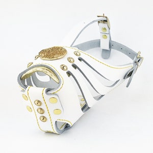 May include: White leather dog muzzle with gold accents and a decorative metal plate. The muzzle has a strap that goes around the dog's head and a buckle for fastening.