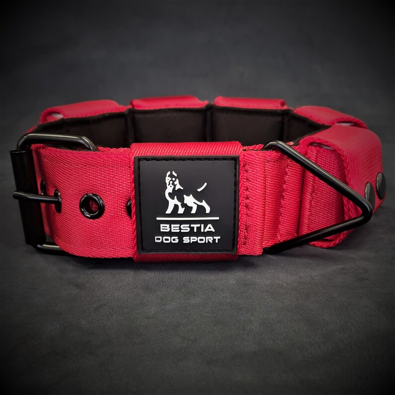 May include: A wide red dog collar featuring a black interior lining, black metal hardware, and a black rectangular patch on the front. The patch displays a white dog silhouette graphic above the text BESTIA DOG SPORT in white capital letters.