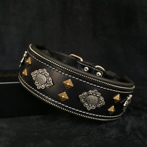 Bestia Aztec BLACK leather dog collar for big dogs, mastiffs, dogo canario, presa, Rottweiler. Perfect fit. M to XXL. Soft padded handmade