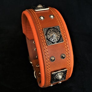Bestia™ "Eros" genuine leather dog collar for large dog breeds. 2.5 inch wide. soft padded.  Antique silver rivets. Hand made in Europe!