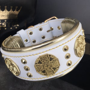 Bestia™ &quot;Maximus&quot; genuine leather dog collar for large dog breeds. 2.5 inch wide. soft padded. Brass rivets. Hand made in Europe!