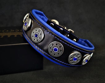 Rhinestone Rivet Leather Dog Collar – Handmade Padded Design