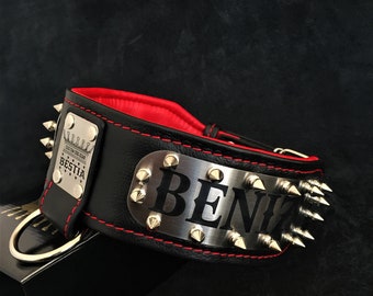 Bestia™ &quot;Kennel&quot; PERSONALIZED leather dog collar. Engraved on stainless steel. 2.8 inch wide. Your design! Double layer leather. Large dogs