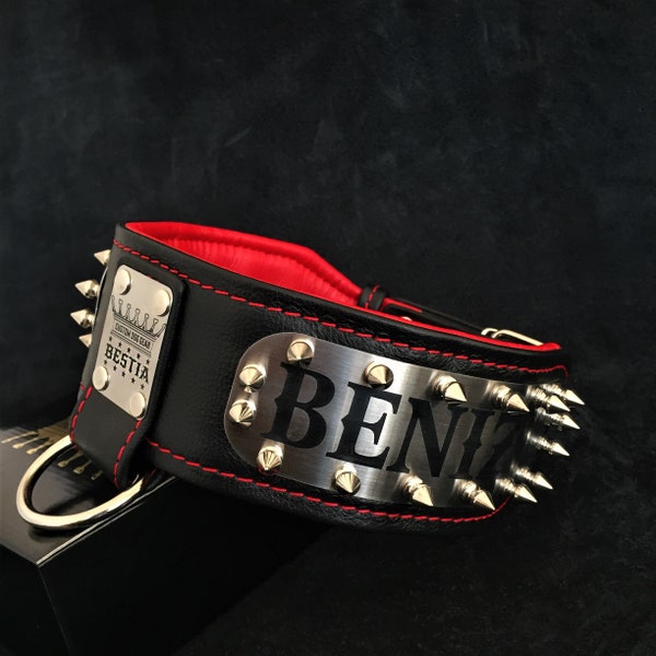 Bestia™ "Kennel" PERSONALIZED leather dog collar. Engraved on stainless steel. 2.8 inch wide. Your design! Double layer leather. Large dogs