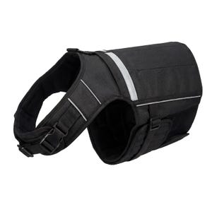 May include: A black dog harness featuring a padded chest plate, adjustable nylon straps with plastic buckles, and reflective silver piping along the edges for visibility. The design includes a wide back panel and a secure neck opening.