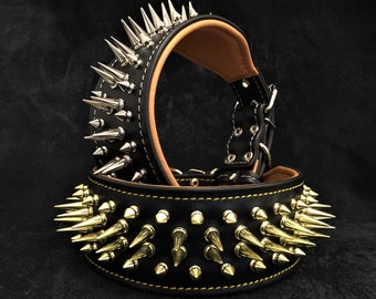 Genuine Leather Wide Dog Collar with Spikes – Padded, Double Layer, Handmade in Europe