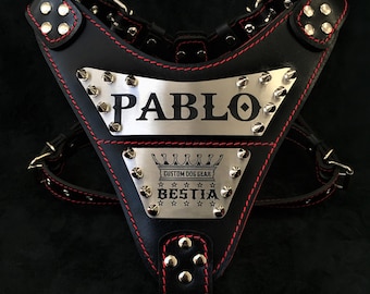 Bestia™ &quot;Metal&quot; PERSONALIZED leather dog harness. Engraved on stainless steel. Your design! Soft padded on the chest plate. Top quality!