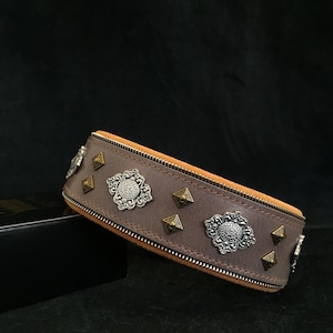 Bestia Aztec GREY leather dog collar for big dogs, mastiffs, dogo canario, presa, Rottweiler. Perfect fit. M to XXL. Soft padded handmade