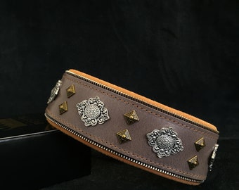 Aztec Grey Leather Dog Collar, Big Dogs, Soft Padded, Handmade